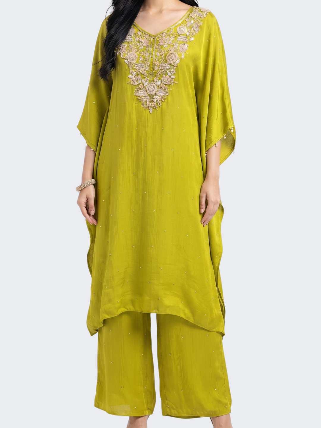 Suhij Green Chinon Indo Western with Cutdana, Sequins and Pearl Embroidery 2